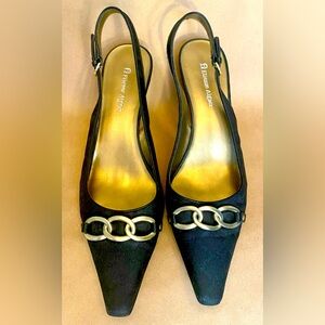 Etienne Aigner women’s size 9.5 M squared toe sling back heels black logo fabric